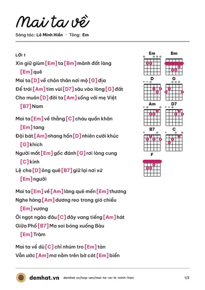 Hợp âm Mai ta về (Huy Sinh) – bản nhạc PDF trang 1, tông Em