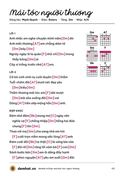 Hợp âm Mái tóc người thương (Mạnh Quỳnh) – bản nhạc PDF trang 1, tông Dm
