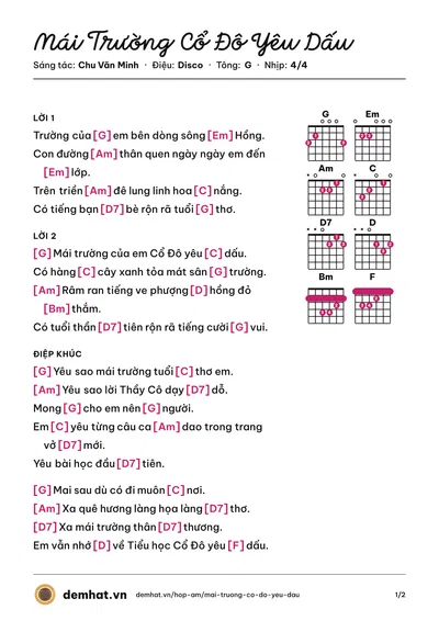 Hợp âm Mái Trường Cổ Đô Yêu Dấu (Thảo Vy) – bản nhạc PDF trang 1, tông G
