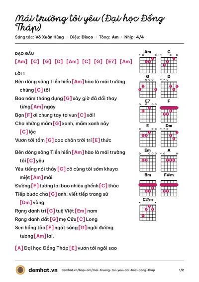 Hợp âm Mái trường tôi yêu (Đại học Đồng Tháp) (Võ Xuân Hùng) – bản nhạc PDF trang 1, tông Am