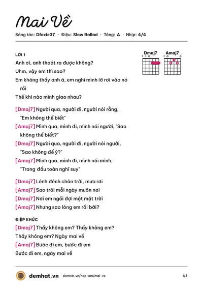 Hợp âm Mai Về (Dfoxie37) – bản nhạc PDF trang 1, tông A