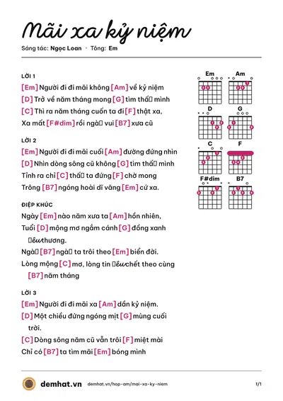 Hợp âm Mãi xa kỷ niệm (Mỹ Lệ) – bản nhạc PDF trang 1, tông Em