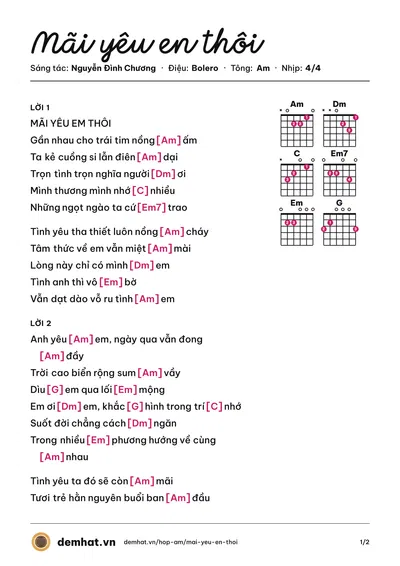 Hợp âm Mãi yêu en thôi (Nguyễn Đình Chương) – bản nhạc PDF trang 1, tông Am