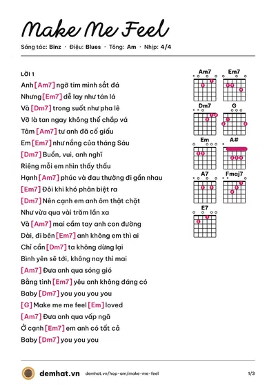 Hợp âm Make Me Feel (Binz) – bản nhạc PDF trang 1, tông Am