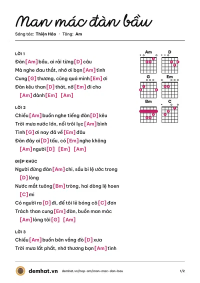 Hợp âm Man mác đàn bầu (Lê Như) – bản nhạc PDF trang 1, tông Am