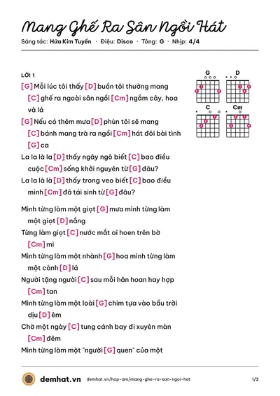 Hợp âm Mang Ghế Ra Sân Ngồi Hát (Tóc Tiên) – bản nhạc PDF trang 1, tông G