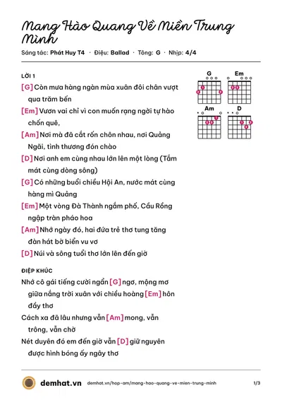 Hợp âm Mang Hào Quang Về Miền Trung Mình (Phát Huy T4) – bản nhạc PDF trang 1, tông G