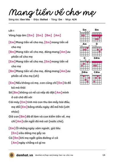 Hợp âm Mang tiền về cho mẹ (Nguyên Thảo) – bản nhạc PDF trang 1, tông Em