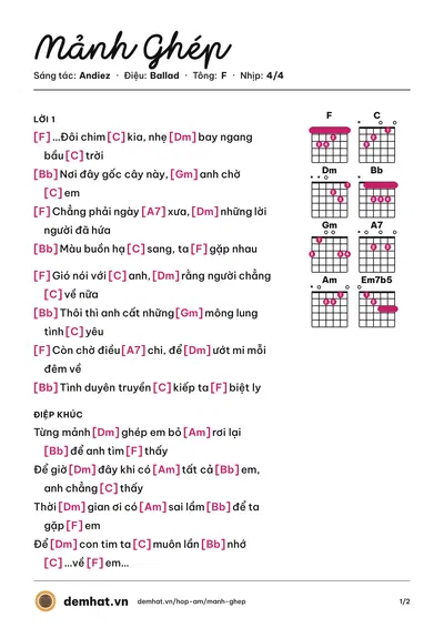 Hợp âm Mảnh Ghép (Andiez) – bản nhạc PDF trang 1, tông F
