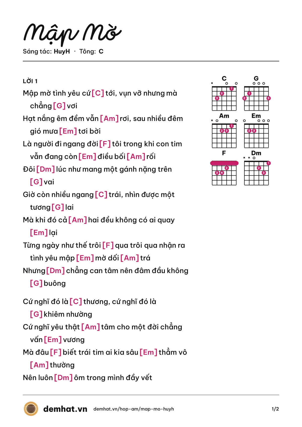 Hợp âm Mập Mờ (HuyH) – bản nhạc PDF trang 1, tông C