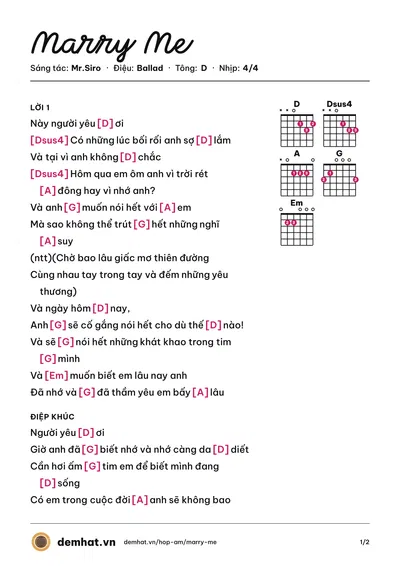 Hợp âm Marry Me (Mr.Siro) – bản nhạc PDF trang 1, tông D