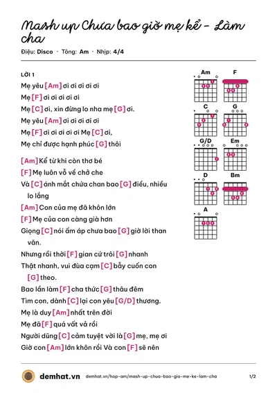 Hợp âm Mash up Chưa bao giờ mẹ kể - Làm cha (Tempo Band) – bản nhạc PDF trang 1, tông Am
