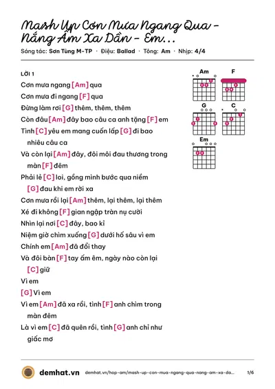 Hợp âm Mash Up Cơn Mưa Ngang Qua - Nắng Ấm Xa Dần - Em Của Ngày Hôm Qua (Nguyễn Anh Tuân) – bản nhạc PDF trang 1, tông Am