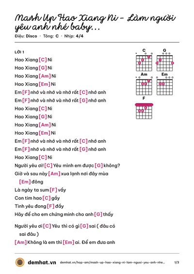 Hợp âm Mash Up Hao Xiang Ni - Làm người yêu anh nhé baby - Gía như anh lặng im - Đếm ngày xa em – bản nhạc PDF trang 1, tông C