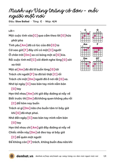 Hợp âm Mash up Vâng trăng cô đơn - mỗi người một nơi (Ưng Hoàng Phúc) – bản nhạc PDF trang 1, tông C
