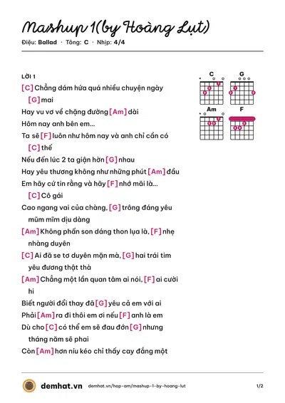 Hợp âm Mashup 1(by Hoàng Lụt) (Hoàng Lụt) – bản nhạc PDF trang 1, tông C
