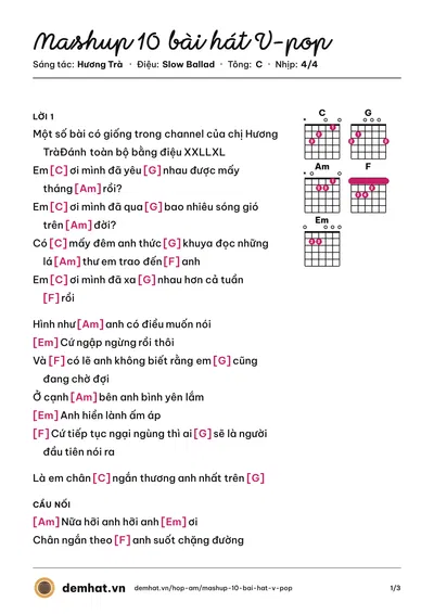 Hợp âm Mashup 10 bài hát V-pop (Hương Trà) – bản nhạc PDF trang 1, tông C