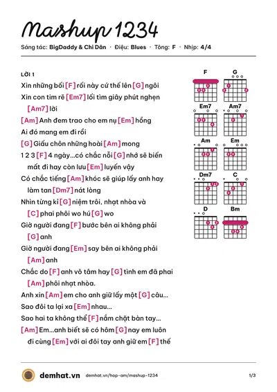 Hợp âm Mashup 1234 (Sơn Tùng M-TP) – bản nhạc PDF trang 1, tông F