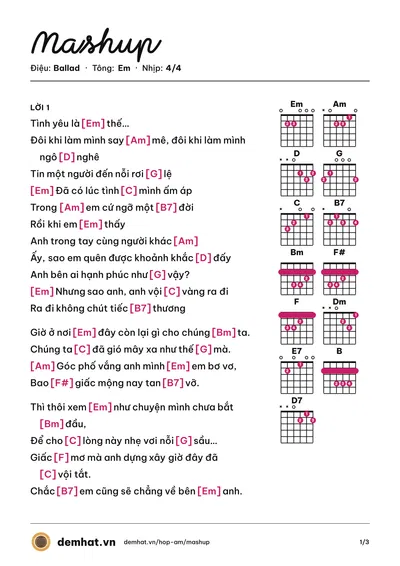 Hợp âm Mashup – bản nhạc PDF trang 1, tông Em