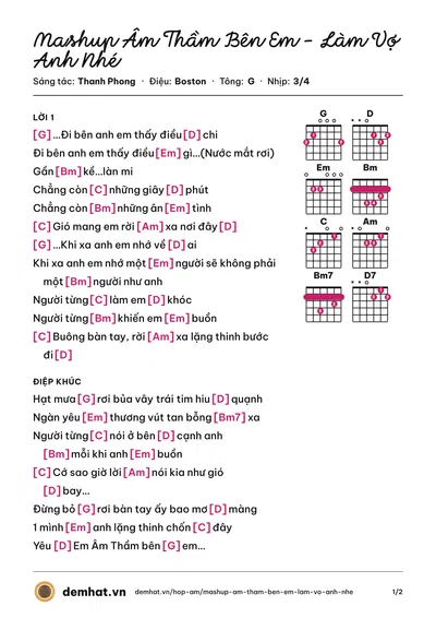 Hợp âm Mashup Âm Thầm Bên Em - Làm Vợ Anh Nhé (Chi Dân) – bản nhạc PDF trang 1, tông G