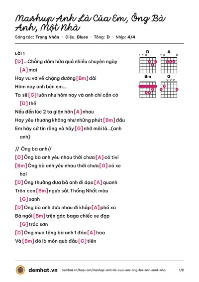 Hợp âm Mashup Anh Là Của Em, Ông Bà Anh, Một Nhà (Trọng Nhân) – bản nhạc PDF trang 1, tông D