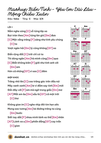 Hợp âm Mashup Biển Tình - Yêu Em Dài Lâu - Mộng Chiều Xuân – bản nhạc PDF trang 1, tông C