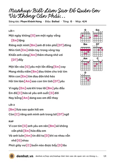 Hợp âm Mashup Biết Làm Sao Để Quên Em Và Không Cần Phải Hứa Đâu Em (Phạm Khánh Hưng) – bản nhạc PDF trang 1, tông G