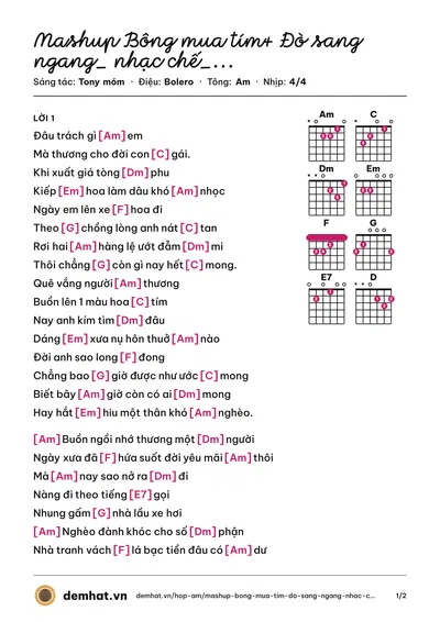 Hợp âm Mashup Bông mua tím+ Đò sang ngang_ nhạc chế_ Tony Móm (Tony móm) – bản nhạc PDF trang 1, tông Am