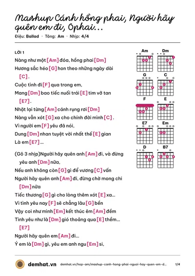 Hợp âm Mashup Cánh hồng phai, Người hãy quên em đi, 0phai, Tái bút AYE,if tmr wont come,1đêm say – bản nhạc PDF trang 1, tông Am