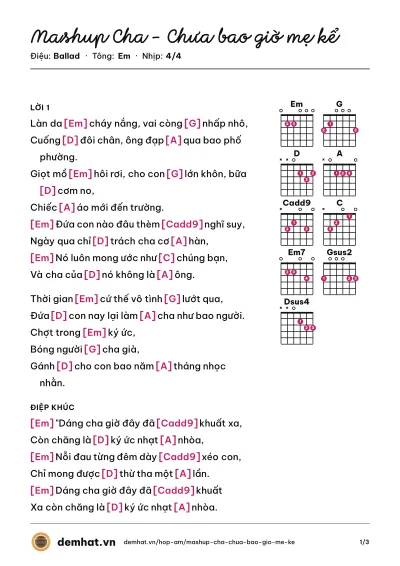 Hợp âm Mashup Cha - Chưa bao giờ mẹ kể (Quân Keyboard) – bản nhạc PDF trang 1, tông Em