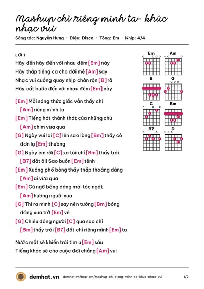 Hợp âm Mashup chỉ riêng mình ta- khúc nhạc vui (Nguyễn Hưng) – bản nhạc PDF trang 1, tông Em