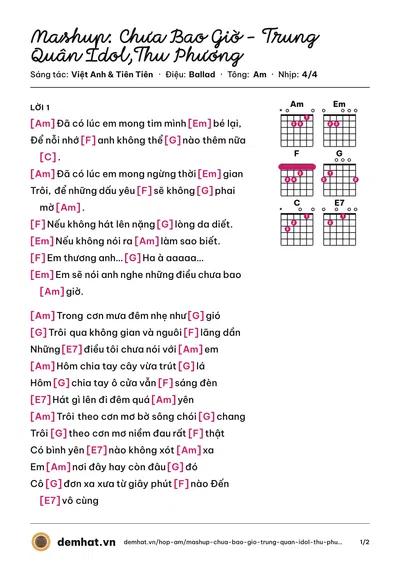 Hợp âm Mashup: Chưa Bao Giờ - Trung Quân Idol,Thu Phương (Thu Phương) – bản nhạc PDF trang 1, tông Am