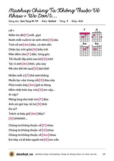 Hợp âm Mashup Chúng Ta Không Thuộc Về Nhau + We Don't Talk Anymore (Sơn Tùng M-TP) – bản nhạc PDF trang 1, tông F