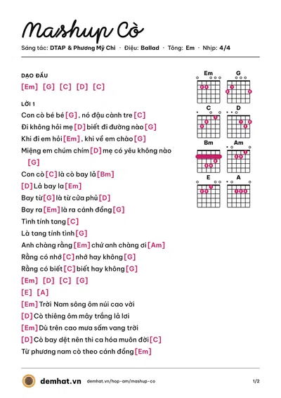 Hợp âm Mashup Cò (Phương Mỹ Chi) – bản nhạc PDF trang 1, tông Em