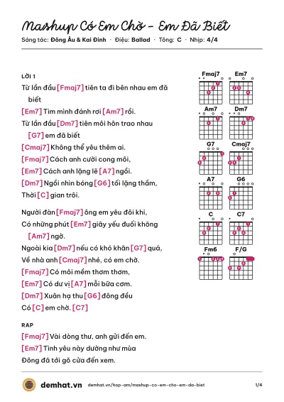 Hợp âm Mashup Có Em Chờ - Em Đã Biết (Suni Hạ Linh) – bản nhạc PDF trang 1, tông C
