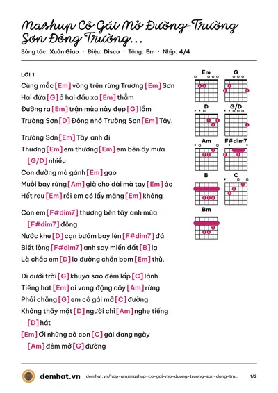 Hợp âm Mashup Cô Gái Mở Đường-Trường Sơn Đông Trường Sơn Tây (Thùy Chi) – bản nhạc PDF trang 1, tông Em