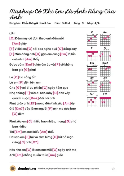 Hợp âm Mashup Có Khi Em Là Ánh Nắng Của Anh (Đức Phúc) – bản nhạc PDF trang 1, tông C