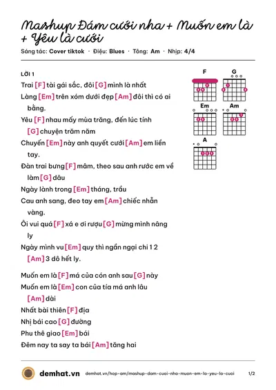 Hợp âm Mashup Đám cưới nha + Muốn em là + Yêu là cưới (Giấu tên) – bản nhạc PDF trang 1, tông Am