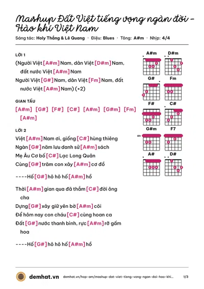 Hợp âm Mashup Đất Việt tiếng vọng ngàn đời - Hào khí Việt Nam (TLong) – bản nhạc PDF trang 1, tông A#m