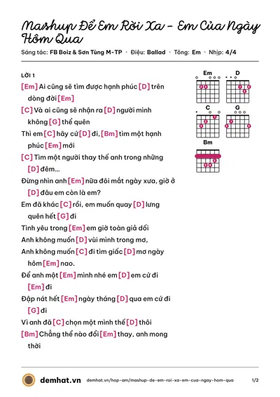 Hợp âm Mashup Để Em Rời Xa - Em Của Ngày Hôm Qua (FB Boiz) – bản nhạc PDF trang 1, tông Em