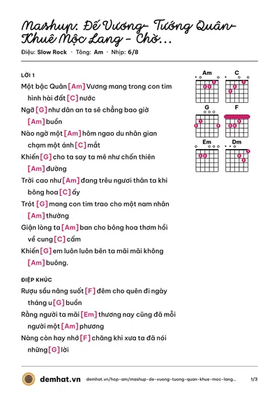 Hợp âm Mashup: Đế Vương- Tướng Quân- Khuê Mộc Lang - Chờ Người Nơi Ấy. – bản nhạc PDF trang 1, tông Am