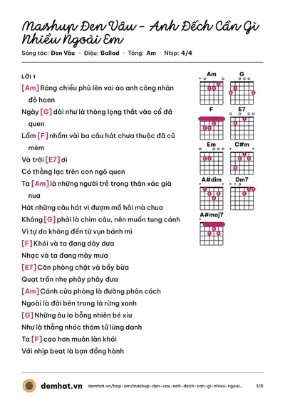 Hợp âm Mashup Đen Vâu - Anh Đếch Cần Gì Nhiều Ngoài Em (Đen Vâu) – bản nhạc PDF trang 1, tông Am