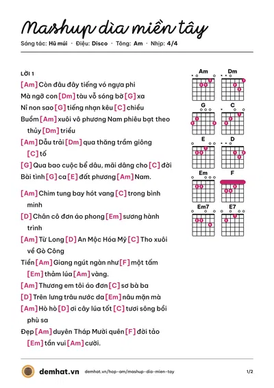 Hợp âm Mashup dìa miền tây (Hũ múi) – bản nhạc PDF trang 1, tông Am