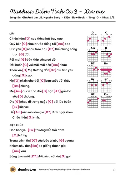 Hợp âm Mashup Diễm Tình Ca 3 - Xin mẹ (Lm. JB. Nguyễn Sang) – bản nhạc PDF trang 1, tông G