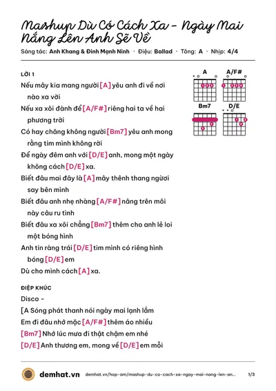 Hợp âm Mashup Dù Có Cách Xa - Ngày Mai Nắng Lên Anh Sẽ Về (Anh Khang) – bản nhạc PDF trang 1, tông A