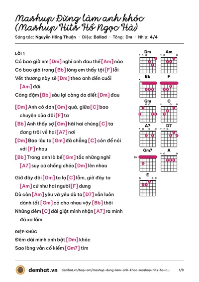 Hợp âm Mashup Đừng làm anh khóc (Mashup Hits Hồ Ngọc Hà) (Nguyễn Hồng Thuận) – bản nhạc PDF trang 1, tông Dm