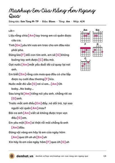 Hợp âm Mashup Em Của Nắng Ấm Ngang Qua (Thanh Ngọc) – bản nhạc PDF trang 1, tông Am