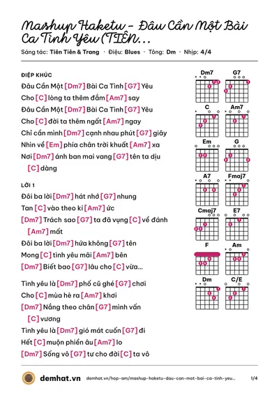 Hợp âm Mashup Haketu - Đâu Cần Một Bài Ca Tình Yêu (TIÊN TIÊN x Trang) (Trang) – bản nhạc PDF trang 1, tông Dm