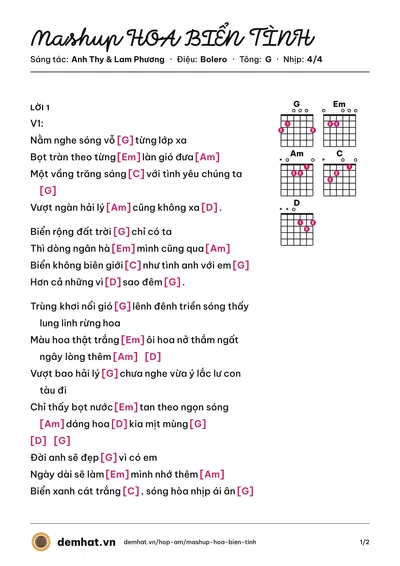 Hợp âm Mashup HOA BIỂN TÌNH (Đàm Vĩnh Hưng) – bản nhạc PDF trang 1, tông G