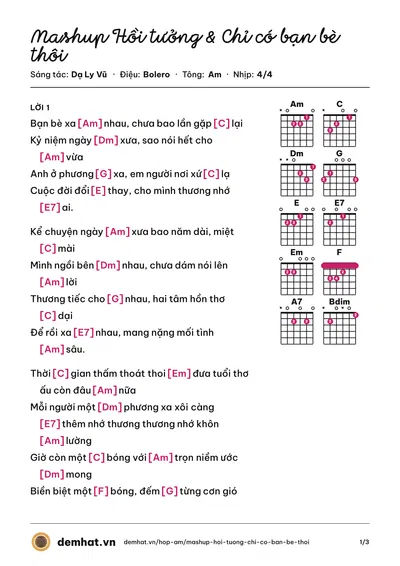 Hợp âm Mashup Hồi tưởng & Chỉ có bạn bè thôi (Dạ Ly Vũ) – bản nhạc PDF trang 1, tông Am